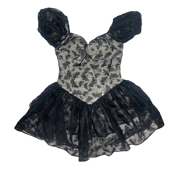 Black Mesh Gothic Baby Doll Dress with Butterflies and Puffed Sleeves - Picture 1 of 10
